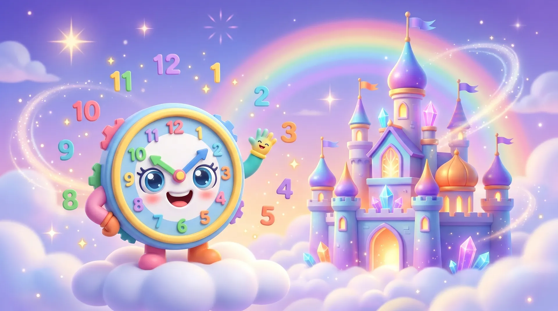 Toby the clock mascot waving from his magical sky castle surrounded by floating clock numbers and a rainbow